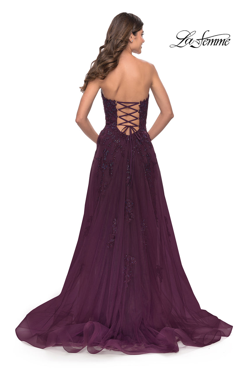 Picture of: Strapless Deep V A-Line Tulle and Lace Gown in Dark Berry, Style: 31345, Back Picture