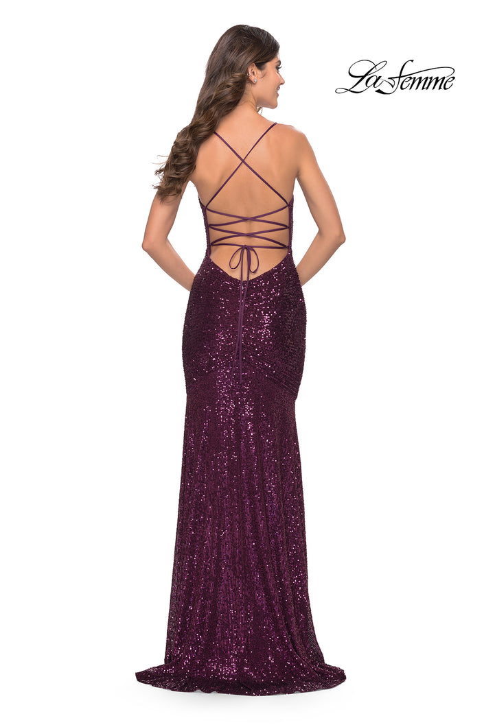 Picture of: Lace Up Back Sequin Gown with Flare Skirt in Dark Berry, Style: 31508, Back Picture