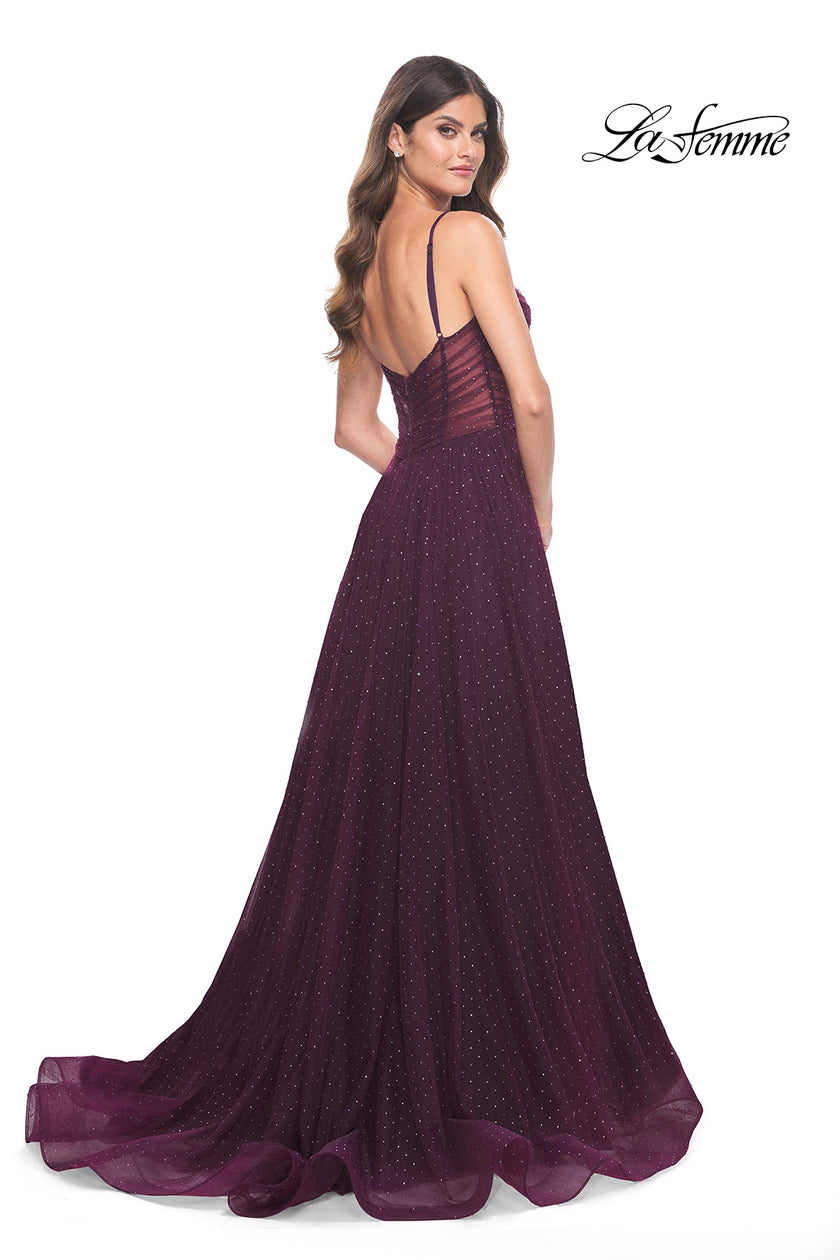 Picture of: A-Line Rhinestone Tulle Embellished Gown with Illusion Top in Dark Berry, Style: 31970, Back Picture