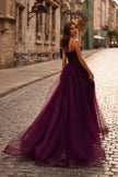 Picture of: Tulle Prom Dress with A-Line Skirt and Ruched Corset Top in Dark Berry, Style 32700, Back Picture