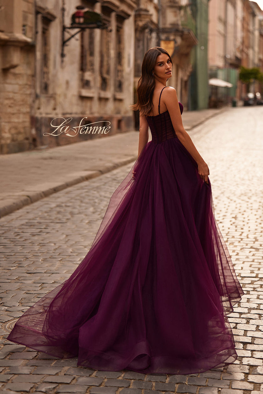 Picture of: Tulle Prom Dress with A-Line Skirt and Ruched Corset Top in Dark Berry, Style 32700, Back Picture
