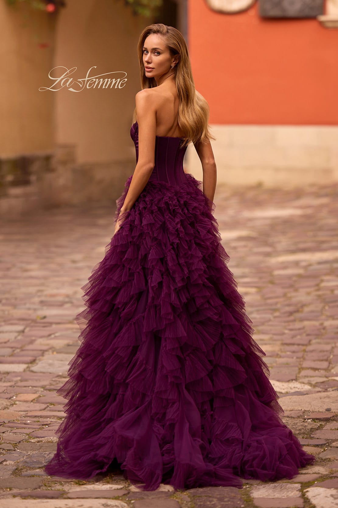 Picture of: Prom Dress with Tulle Ruffle Skirt and Satin Corset Top in Dark Berry, Style: 32760, Back Picture