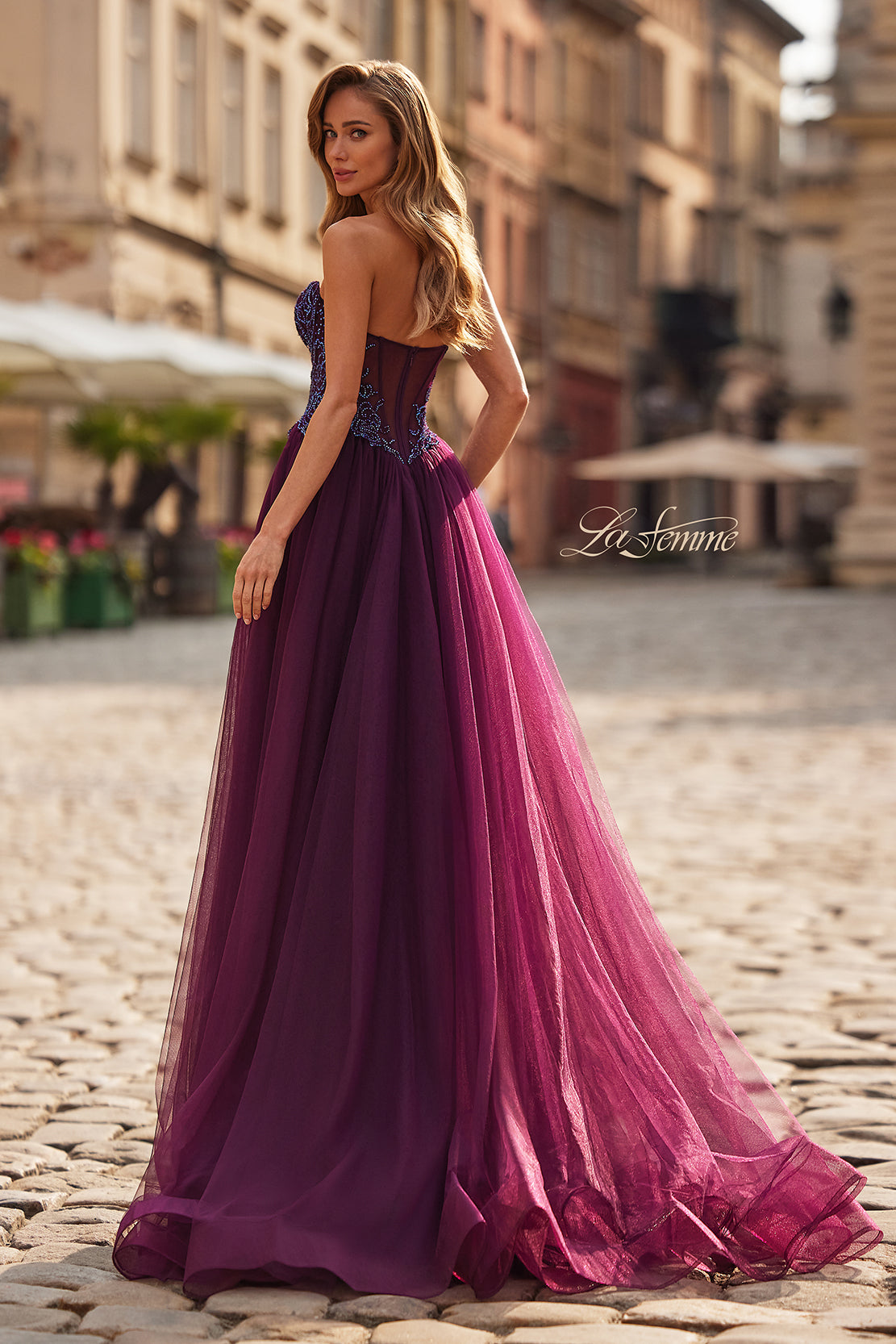 Picture of: Tulle Ball Gown with Beaded Corset Bodice and High Slit in Dark Berry, Style: 33410, Back Picture