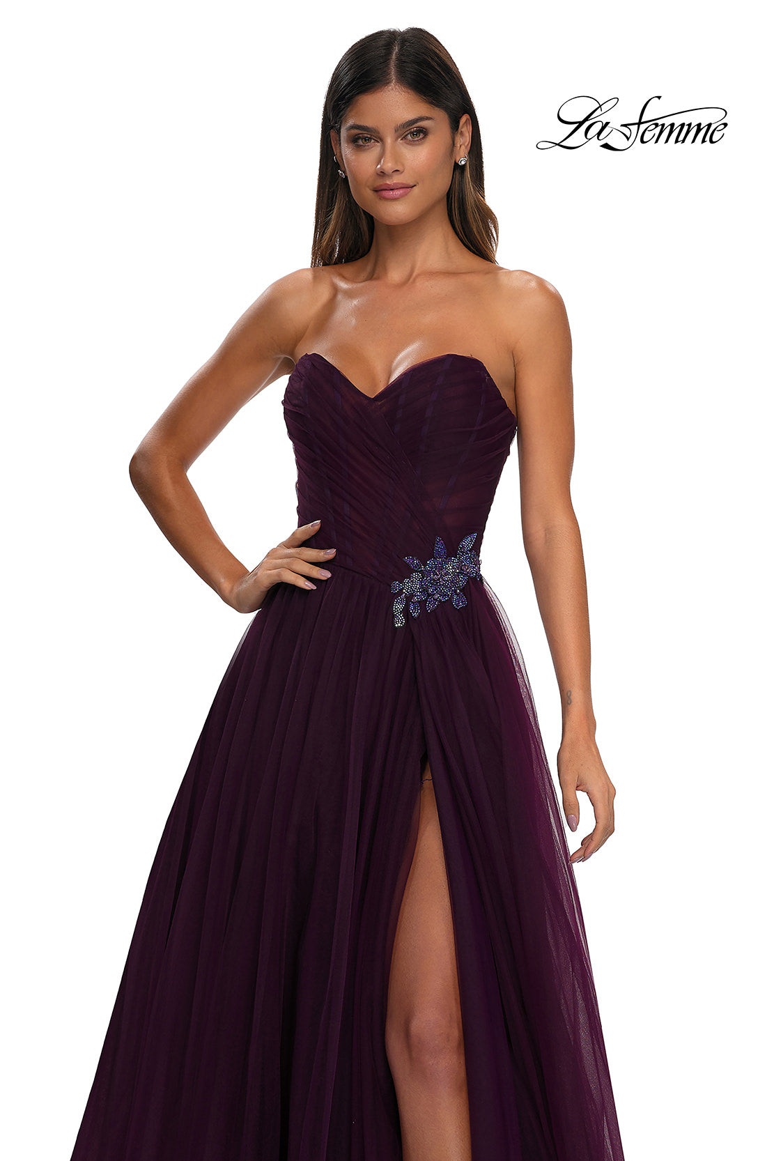 Picture of: Strapless A-line Tulle Dress with Floral Waist Detail in Dark Berry, Style: 32789, Detail Picture 19