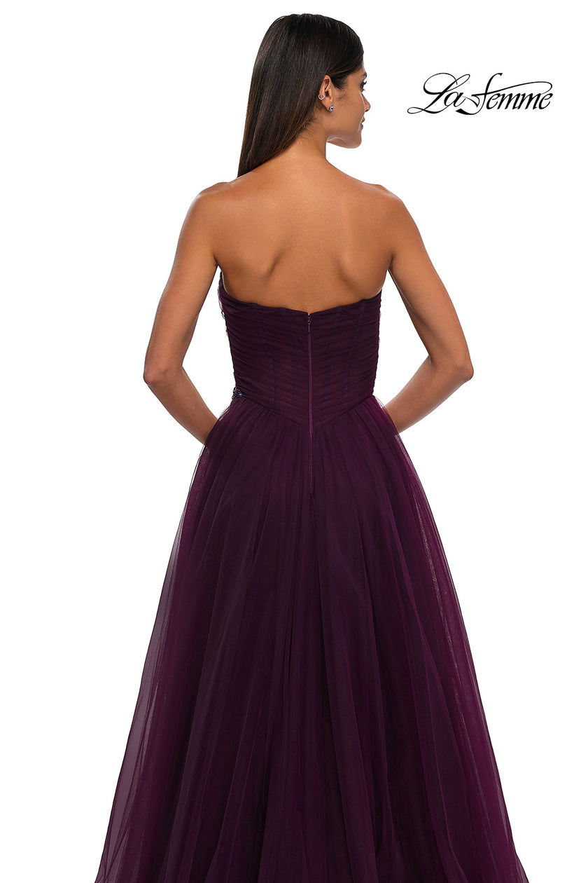 Picture of: Strapless A-line Tulle Dress with Floral Waist Detail in Dark Berry, Style: 32789, Detail Picture 20