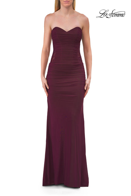 Picture of: Strapless Mesh Evening Gown with Ruching and Sheer Beaded Back in Dark Berry, Style: 33431, Detail Picture 20
