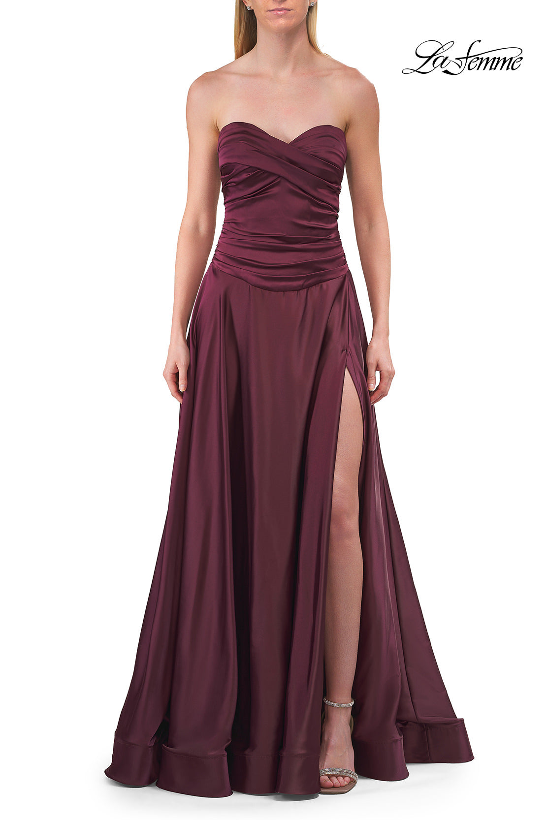 Picture of: Strapless Satin A-Line Gown with Draped Bodice and High Slit in Dark Berry, Style: 33417, Detail Picture 23