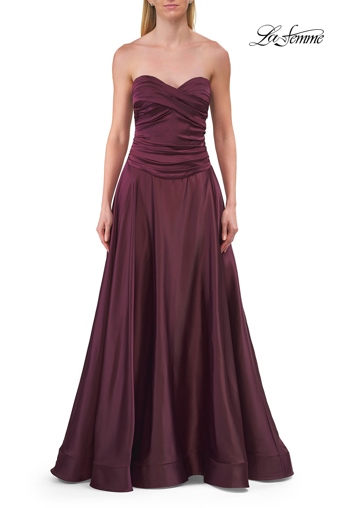 Picture of: Strapless Satin A-Line Gown with Draped Bodice and High Slit in Dark Berry, Style: 33417, Detail Picture 25