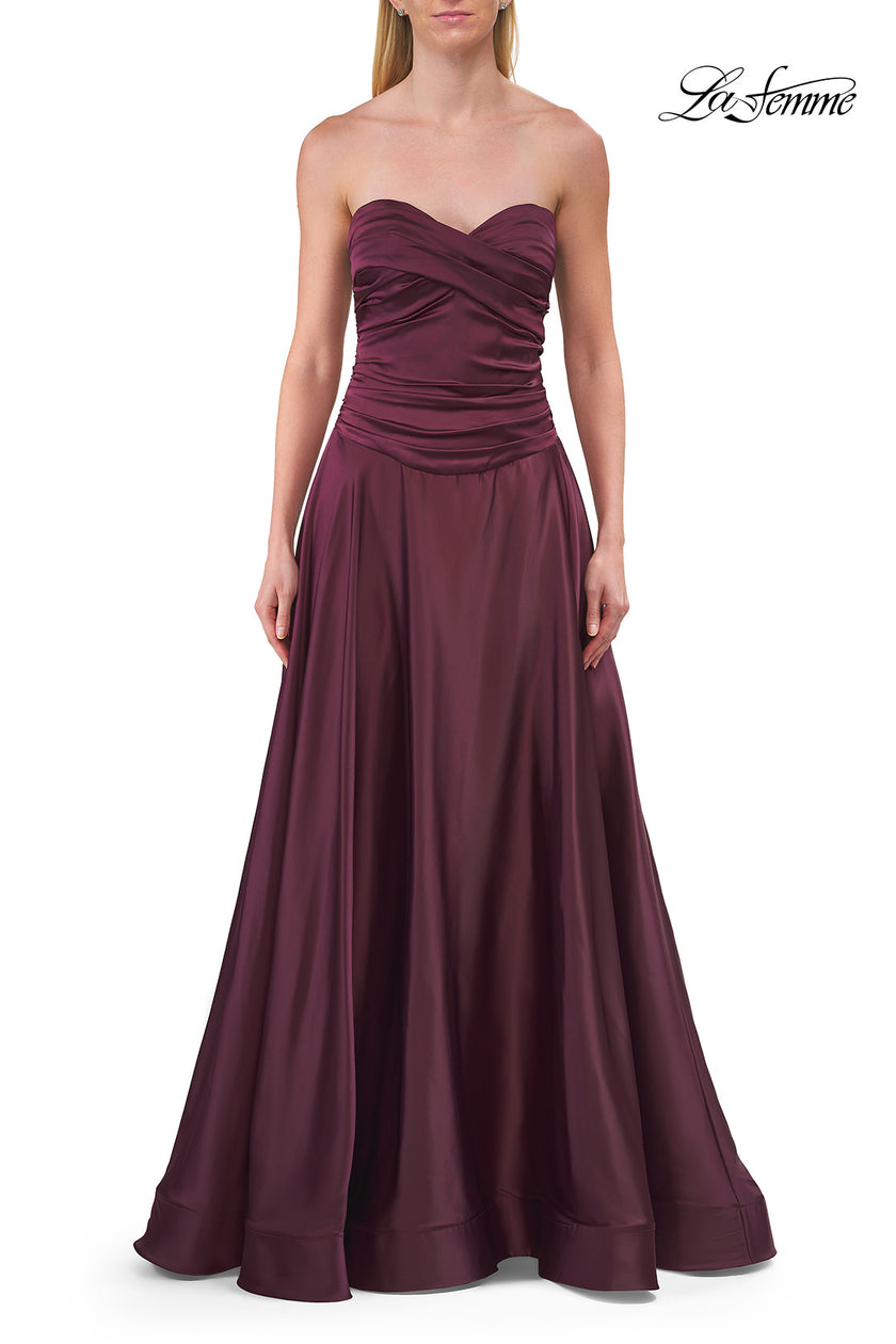 Picture of: Strapless Satin A-Line Gown with Draped Bodice and High Slit in Dark Berry, Style: 33417, Detail Picture 25