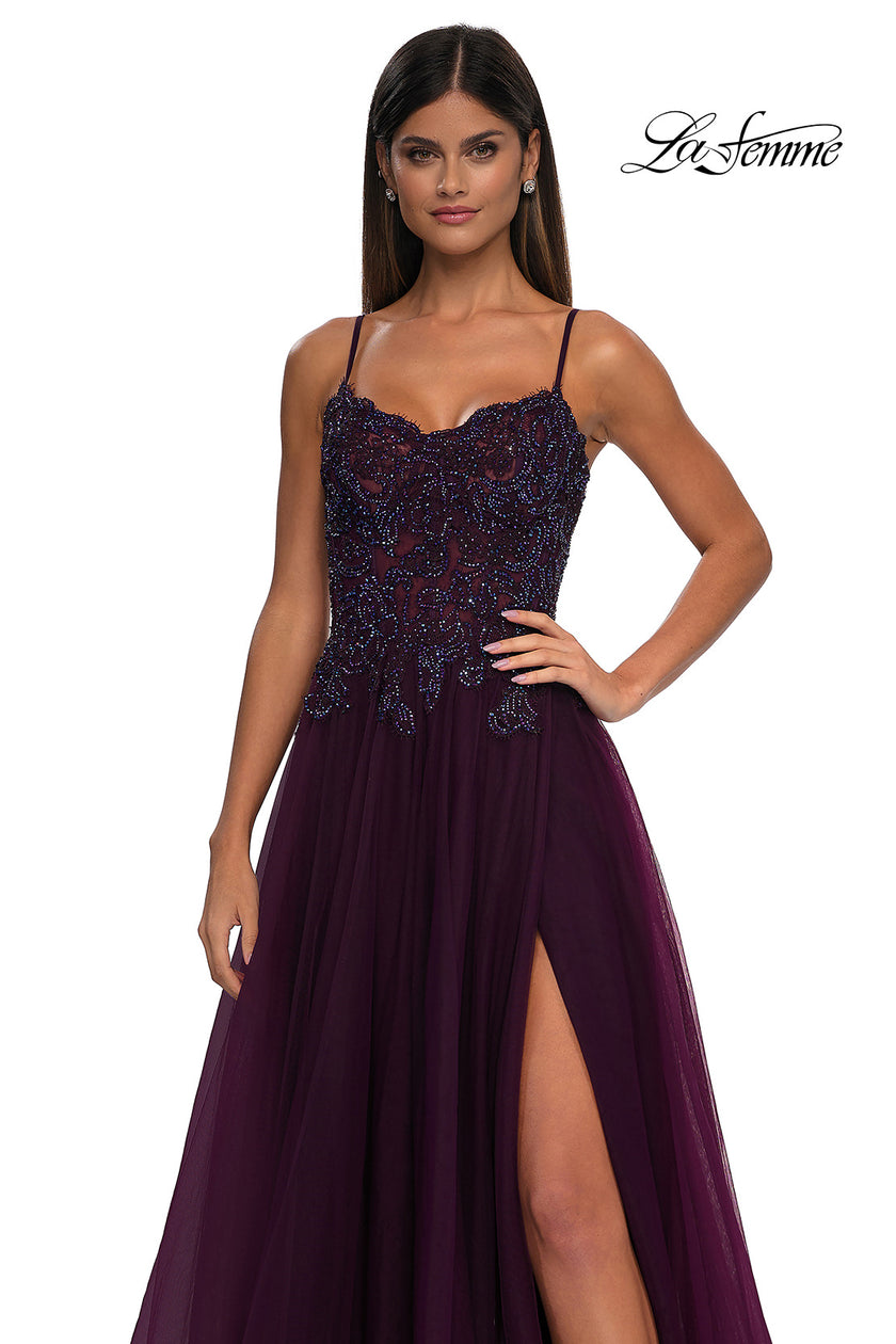 Picture of: Lace and Tulle A-line Prom Dress with High Slit in Dark Berry, Style: 32646, Detail Picture 26