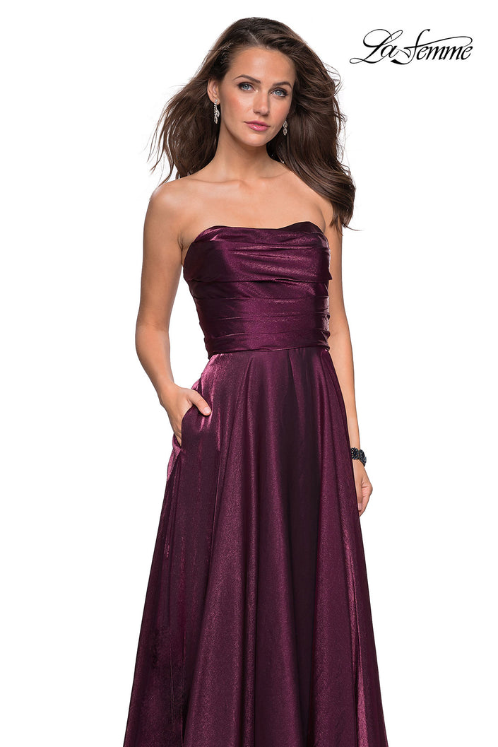 Picture of: Strapless Satin Gown with Ruching and Pockets in Burgundy, Style: 27130, Detail Picture 1