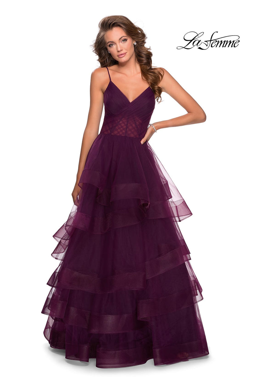 Picture of: Tiered Tulle Ball Gown with Sheer Bodice in Burgundy, Style: 28641