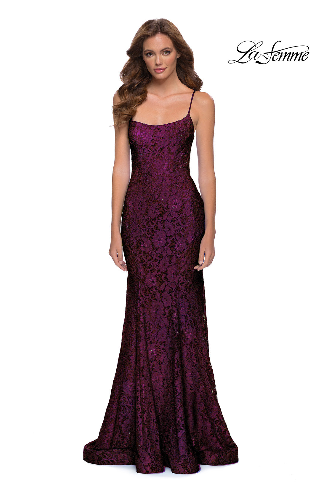 Picture of: Stretch Lace Gown with Lace Up Strappy Back in Dark Berry, Style 29611, Detail Picture 1