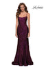 Picture of: Stretch Lace Gown with Lace Up Strappy Back in Dark Berry, Style 29611, Detail Picture 1