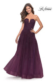 Picture of: Strapless Deep V A-Line Tulle and Lace Gown in Dark Berry, Style: 31345, Detail Picture 1