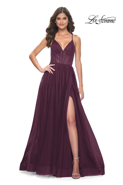 Picture of: A-Line Prom Dress with Illusion Ruched Bodice in Dark Berry, Style: 31457, Detail Picture 1