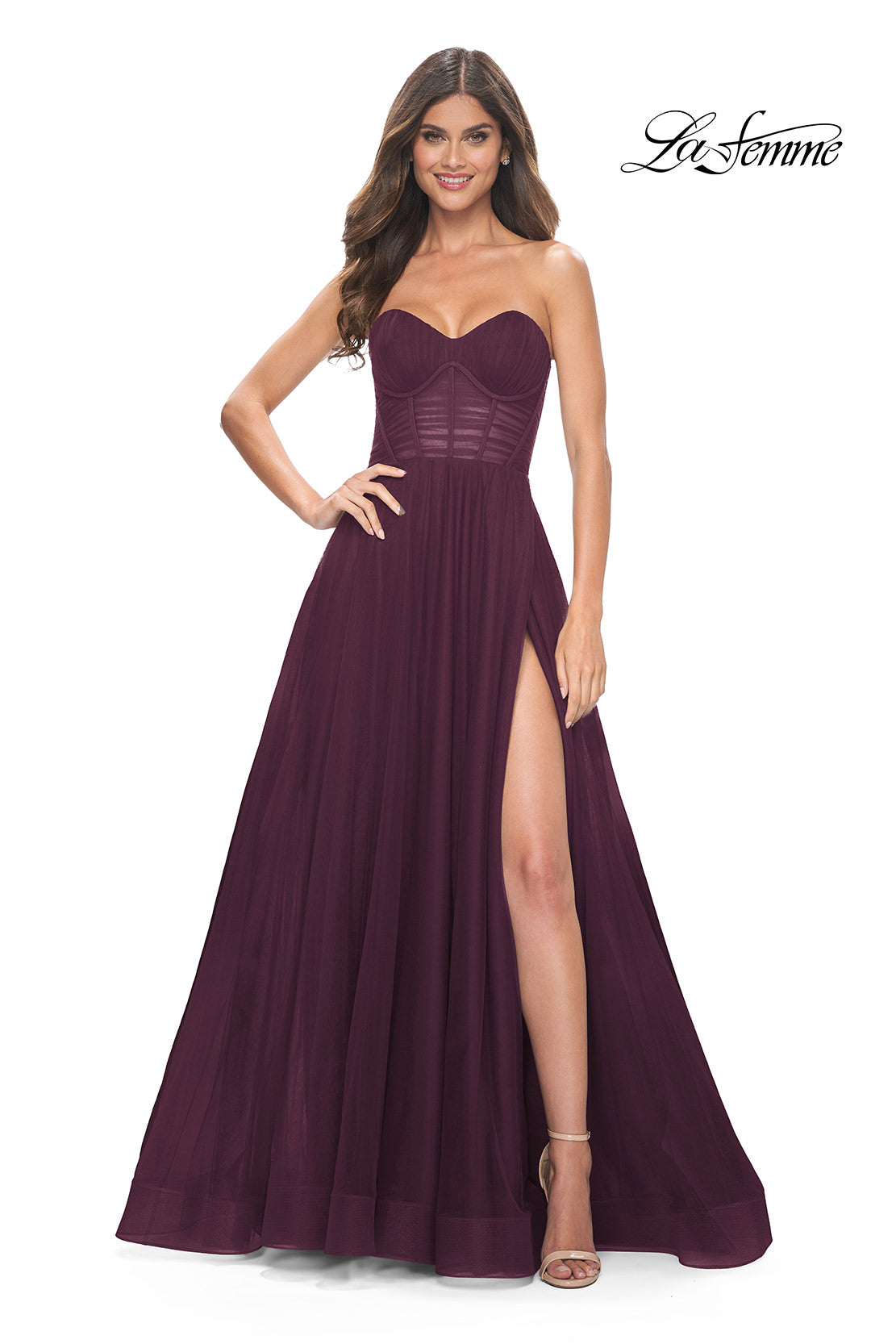 Picture of: Strapless Sweetheart A-Line Corset Prom Dress in Dark Berry, Style: 31971, Detail Picture 1