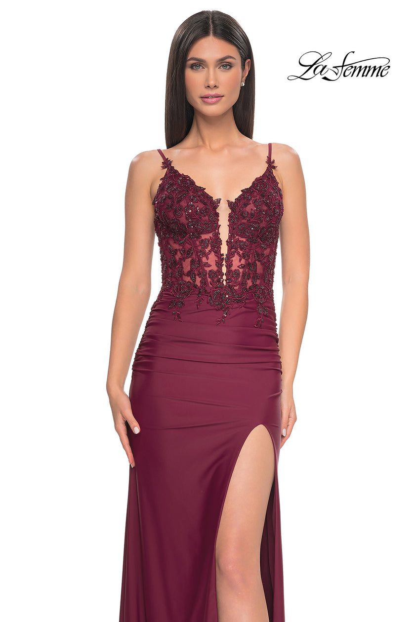 Picture of: Sheer Lace Top with Ruched Jersey Skirt Prom Dress in Dark Berry, Style: 32132, Detail Picture 1