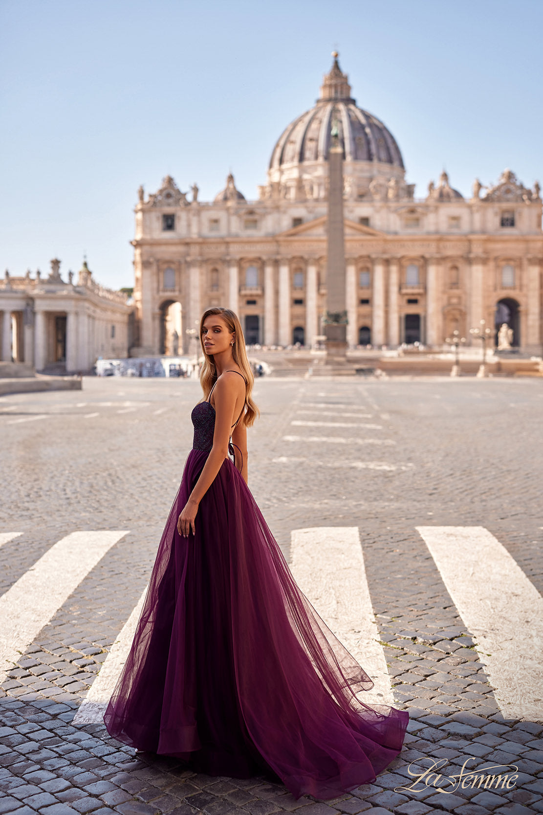 Picture of: A-Line Tulle Gown with High Slit and Illusion Rhinestone Fishnet Bodice in Dark Berry, Style: 32135, Detail Picture 1