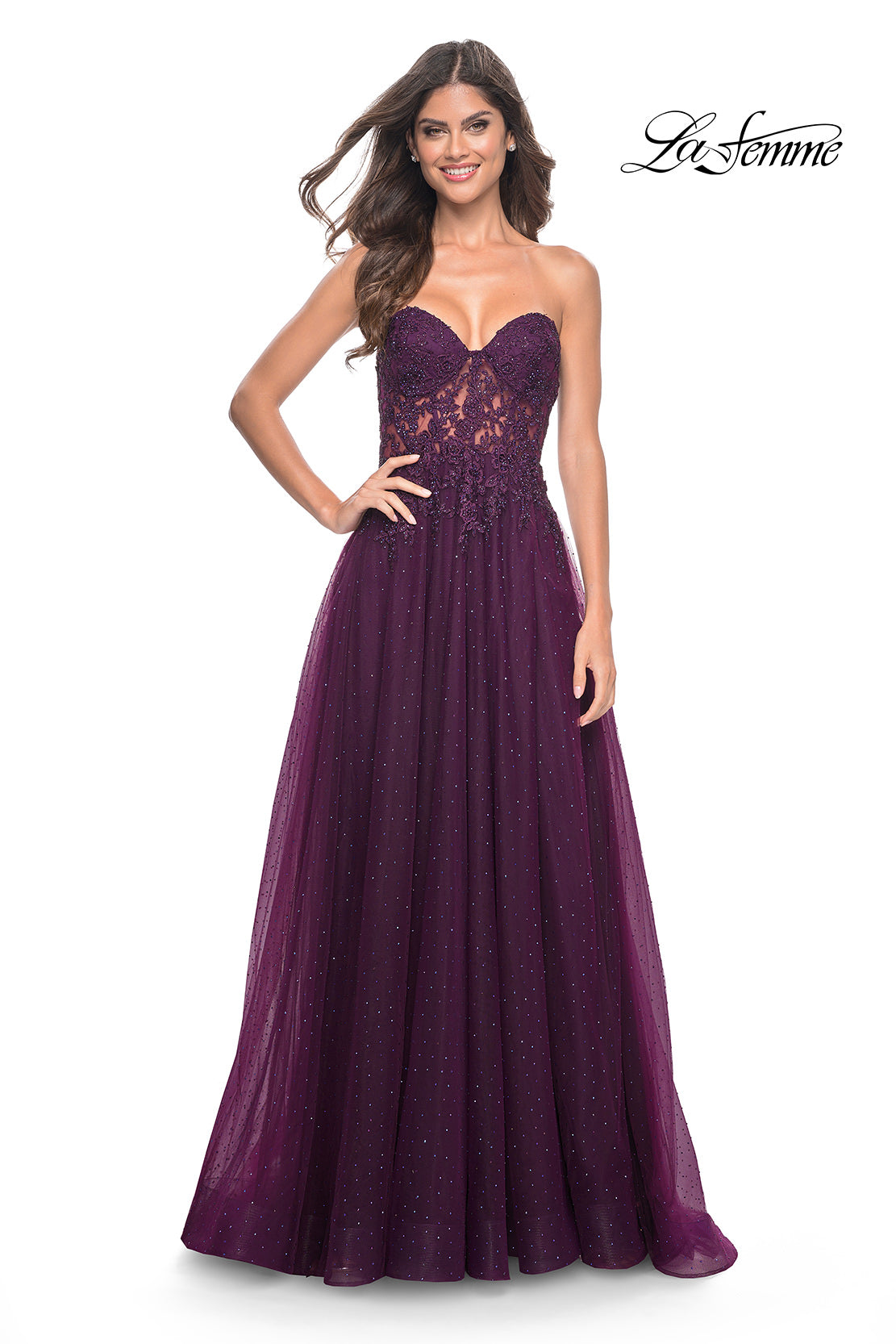 Picture of: Rhinestone Tulle A-Line Gown with Lace Bodice in Jewel Tones in Dark Berry, Style: 32253, Detail Picture 1