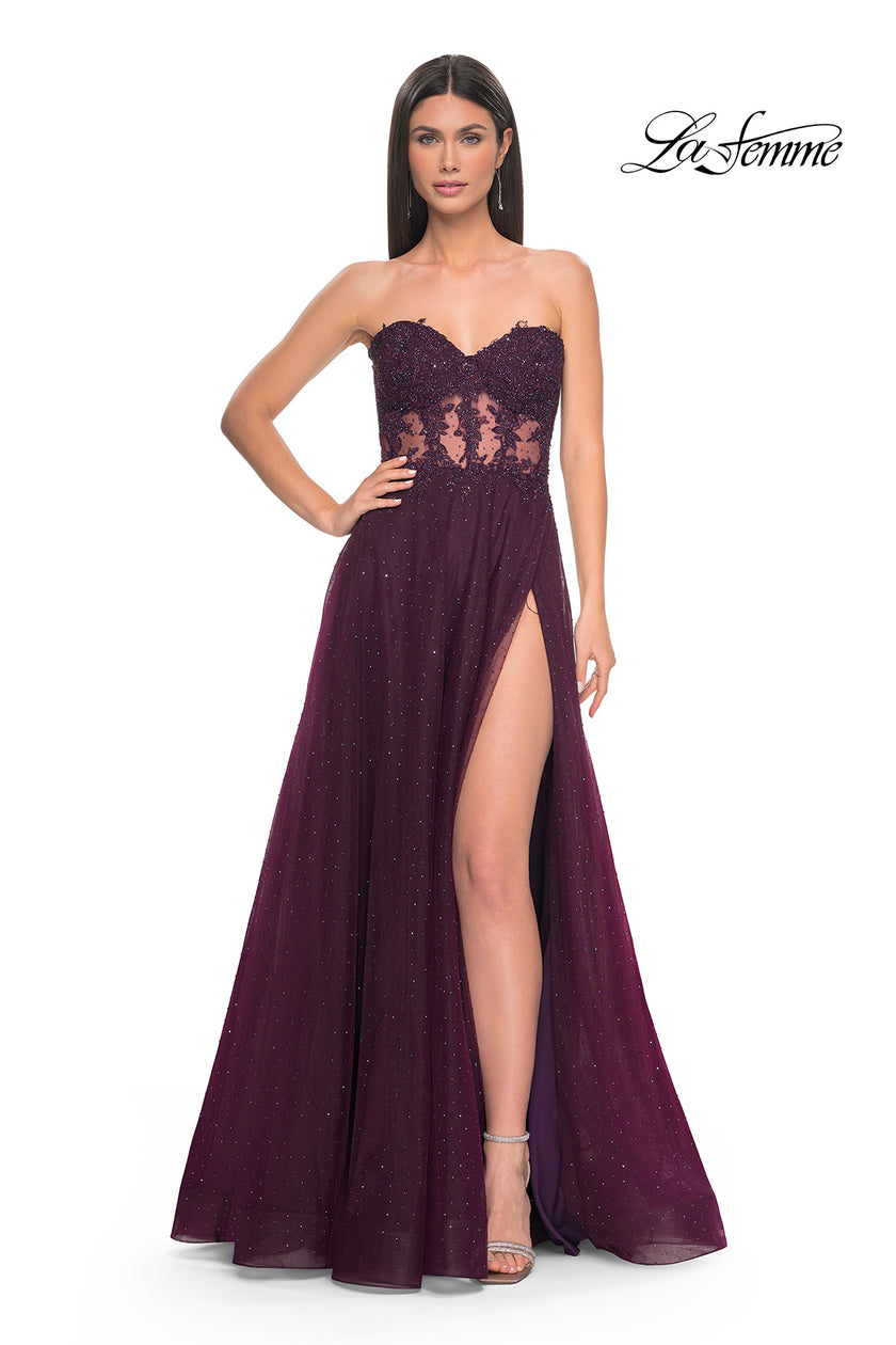 Picture of: A-Line Tulle Ballgown with Lace Illusion Bodice in Dark Berry, Style: 32313, Detail Picture 1