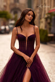 Picture of: Tulle Prom Dress with A-Line Skirt and Ruched Corset Top in Dark Berry, Style 32700, Detail Picture 1