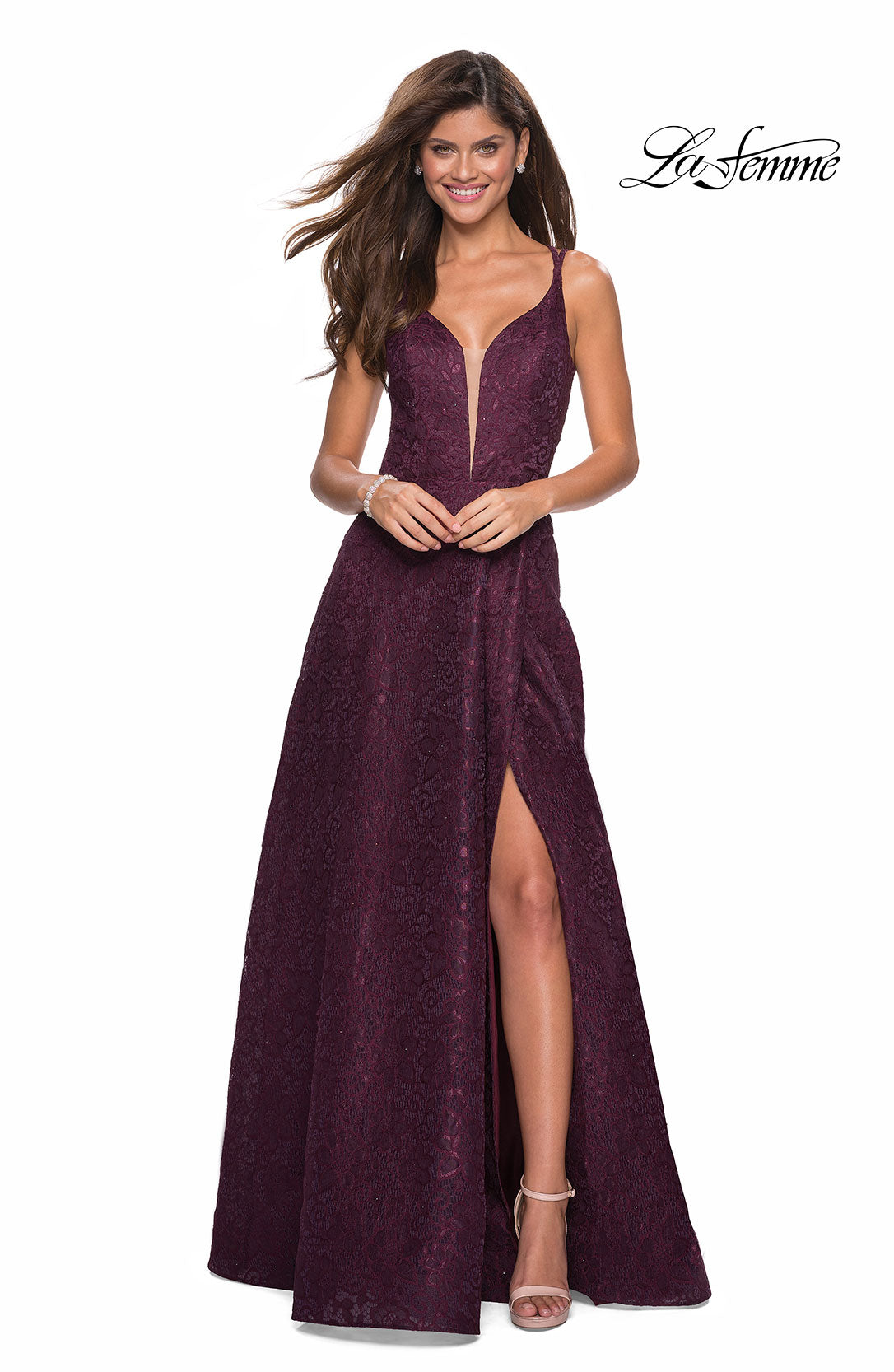 Picture of: Lace Prom Dress with Illusion Neckline and Slit in Burgundy, Style: 27612, Detail Picture 2