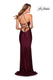 Picture of: Empire Waist Dress with Ruching and Lace Up Back in Burgundy, Style: 28593, Detail Picture 2