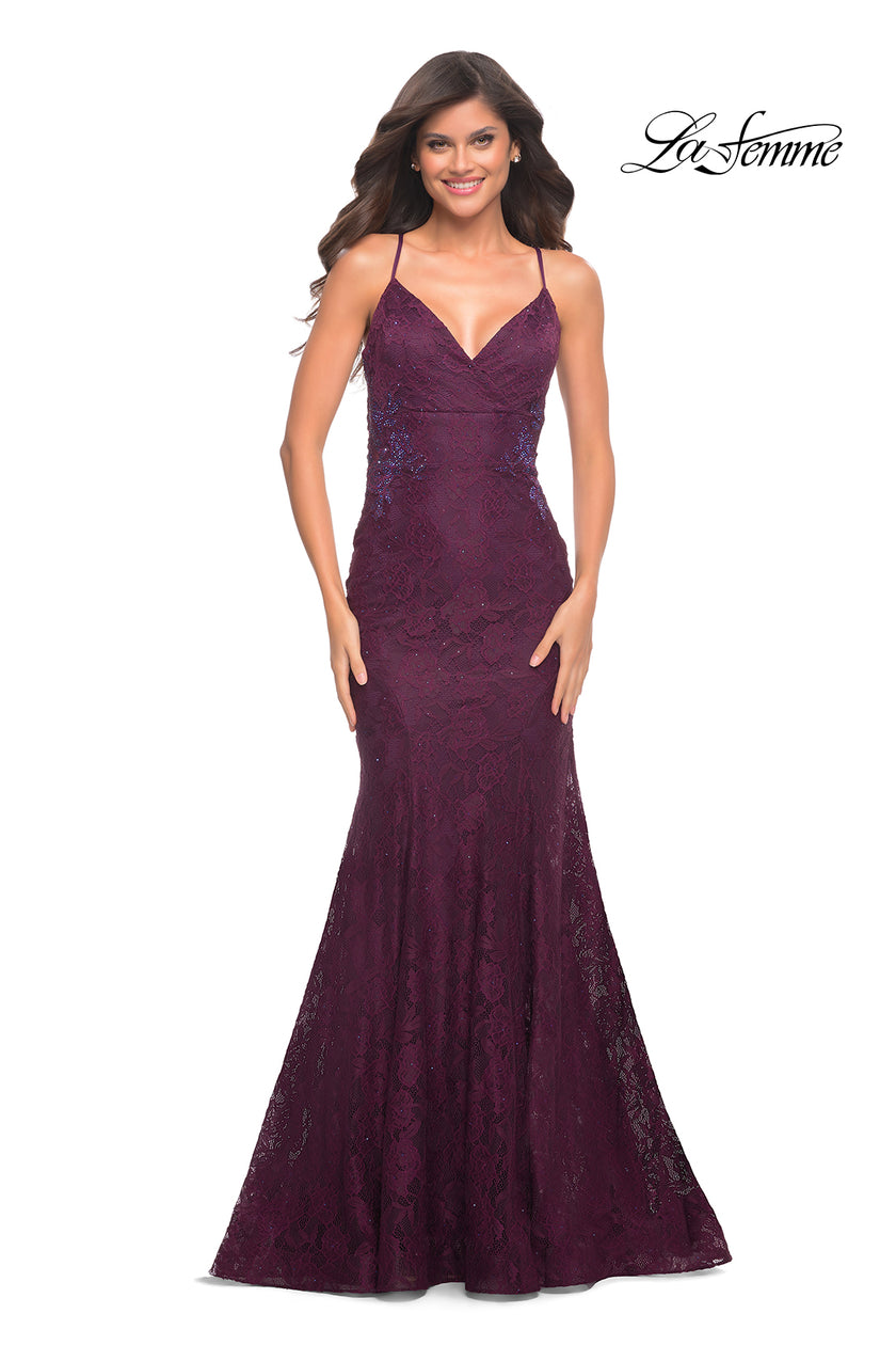 Picture of: Lace Gown with Sheer Lace Applique Side Panels in Purple, Style: 30537, Detail Picture 2