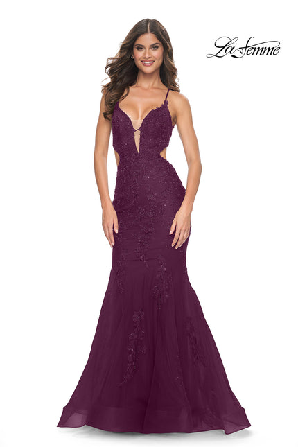 Picture of: Lace and Tulle Mermaid Gown with Side Cut Outs in Jewel Tones in Dark Berry, Style 31132, Detail Picture 2