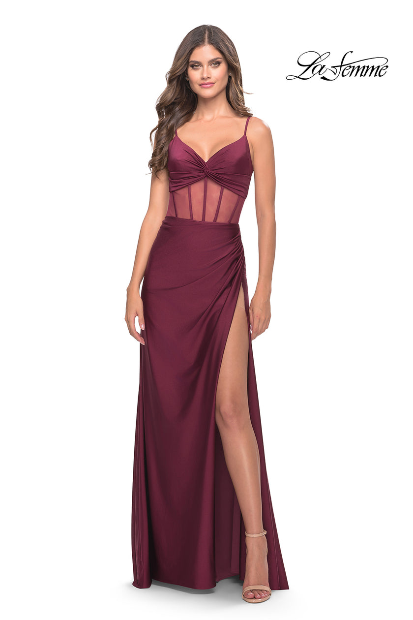 Picture of: Illusion Bodice Dress with Boning and Twist Detail in Dark Berry, Style: 31229, Detail Picture 2
