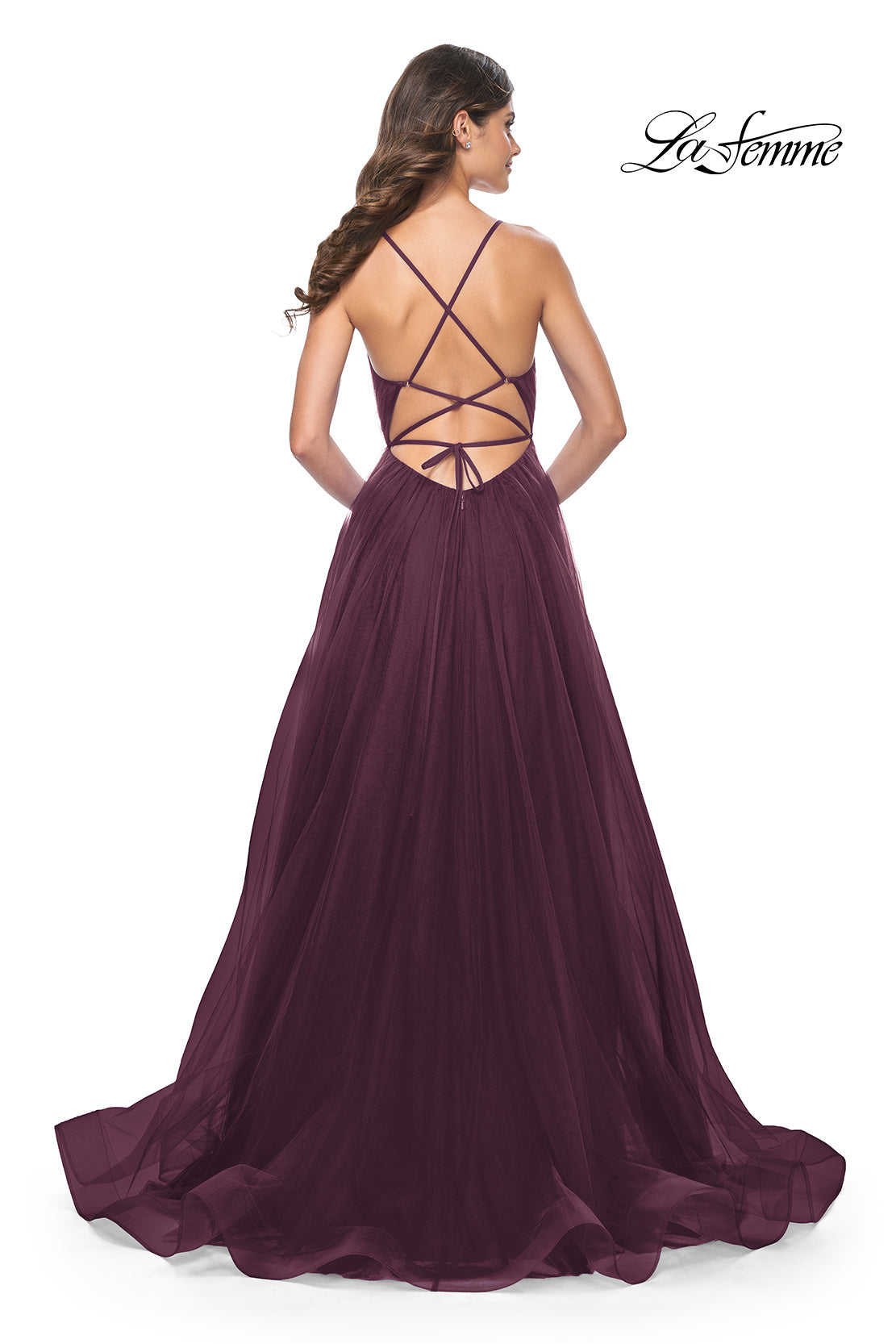 Picture of: A-Line Prom Dress with Illusion Ruched Bodice in Dark Berry, Style: 31457, Detail Picture 2