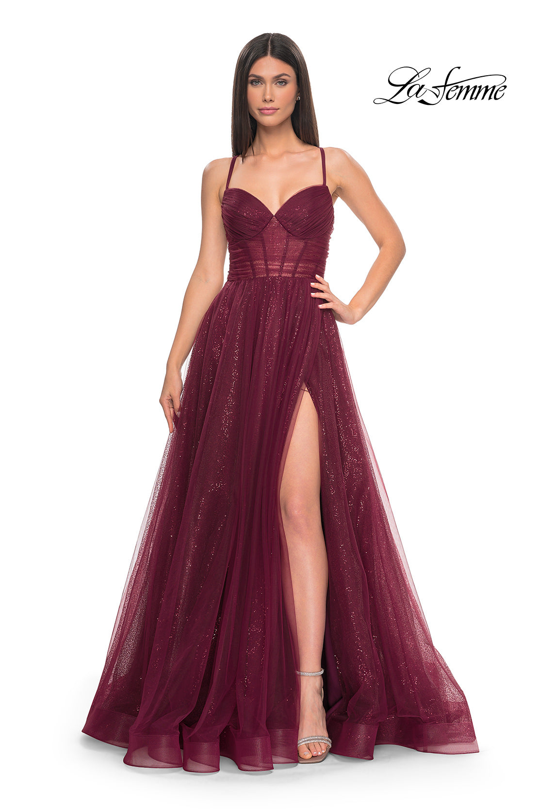 Picture of: A-Line Prom Dress with Sequin Lining and Illusion Top in Dark Berry, Style: 31986, Detail Picture 2