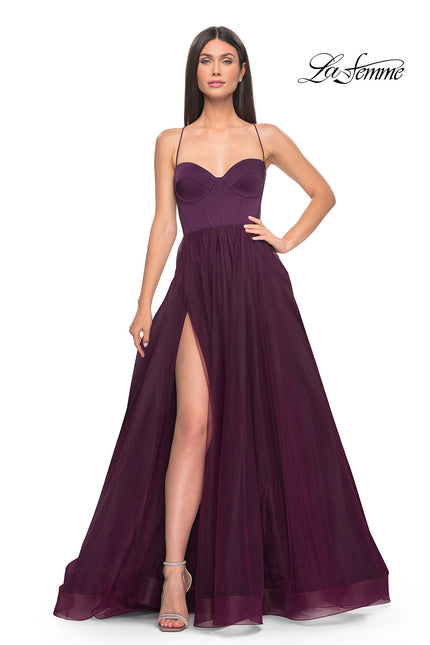 Picture of: Tulle A-Line Gown with Satin Bustier Top in Dark Berry, Style: 32065, Detail Picture 2