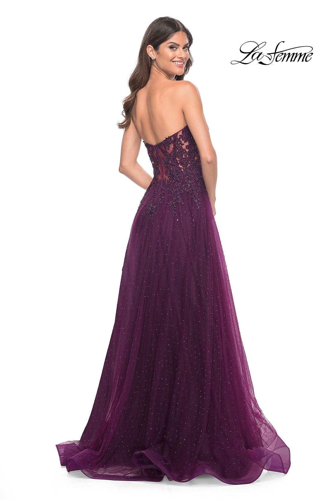 Picture of: Rhinestone Tulle A-Line Gown with Lace Bodice in Jewel Tones in Dark Berry, Style: 32253, Detail Picture 2