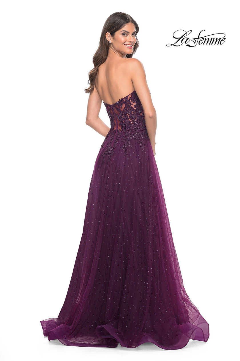 Picture of: Rhinestone Tulle A-Line Gown with Lace Bodice in Jewel Tones in Dark Berry, Style: 32253, Detail Picture 2
