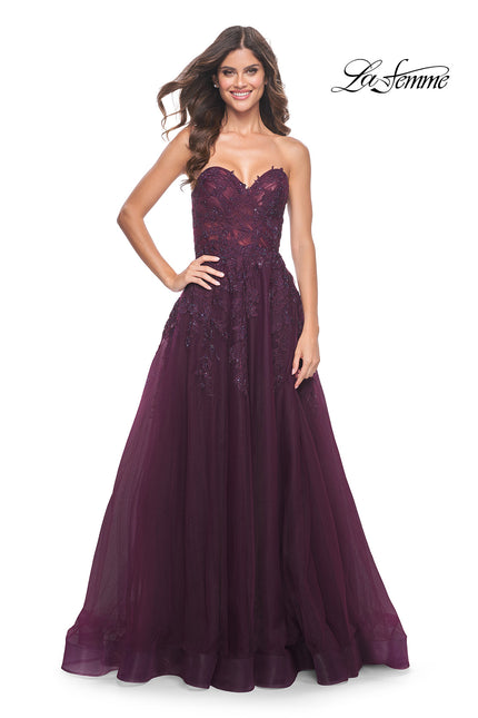 Picture of: Sweetheart Tulle Strapless Gown with Lace Applique in Dark Berry, Style: 32304, Detail Picture 2
