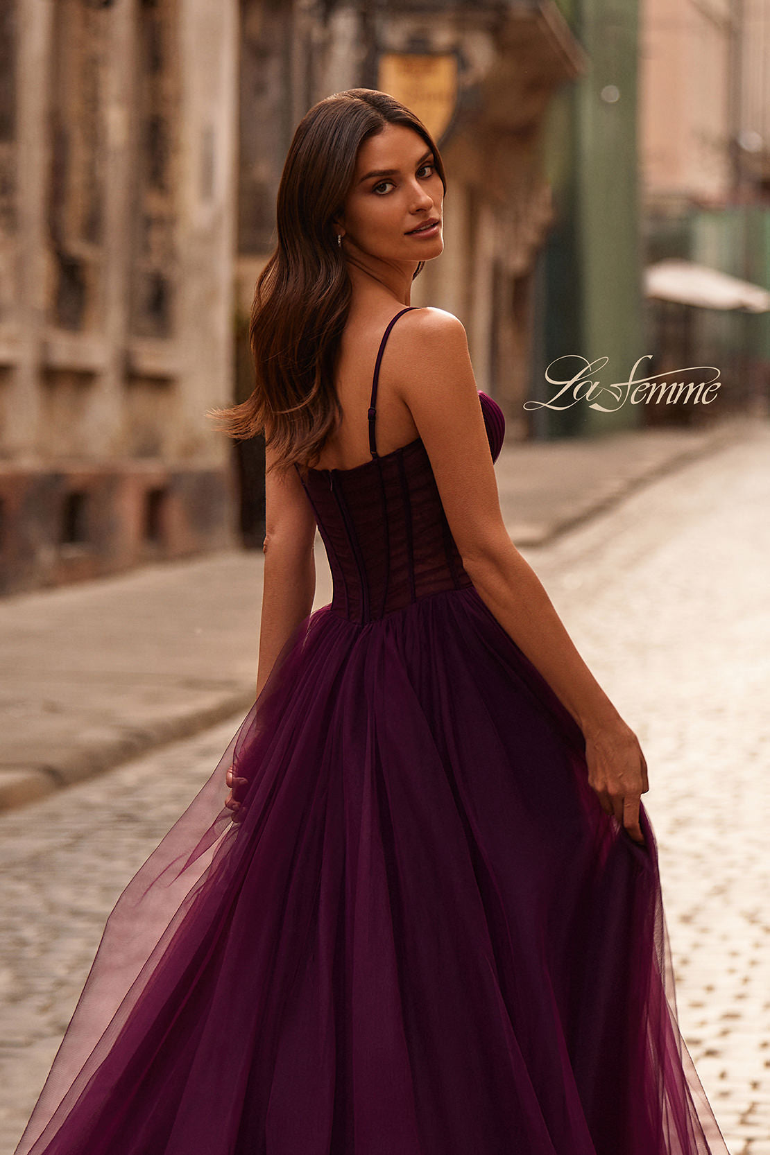 Picture of: Tulle Prom Dress with A-Line Skirt and Ruched Corset Top in Dark Berry, Style 32700, Detail Picture 2