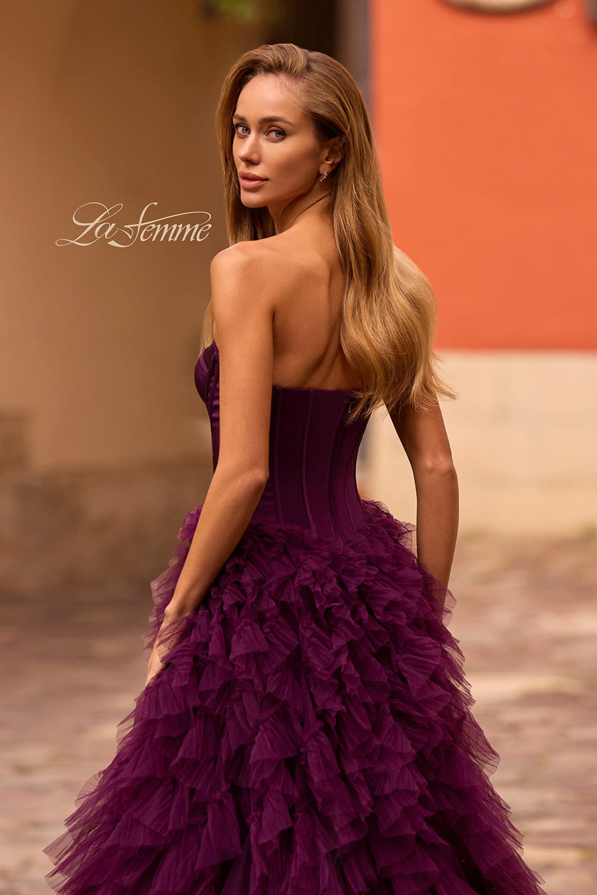 Picture of: Prom Dress with Tulle Ruffle Skirt and Satin Corset Top in Dark Berry, Style: 32760, Detail Picture 2