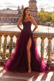 Picture of: Illusion Embroidered Lace Tulle Gown with Slit in Dark Berry, Style: 33551, Detail Picture 2