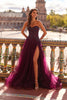 Picture of: Illusion Embroidered Lace Tulle Gown with Slit in Dark Berry, Style: 33551, Detail Picture 2