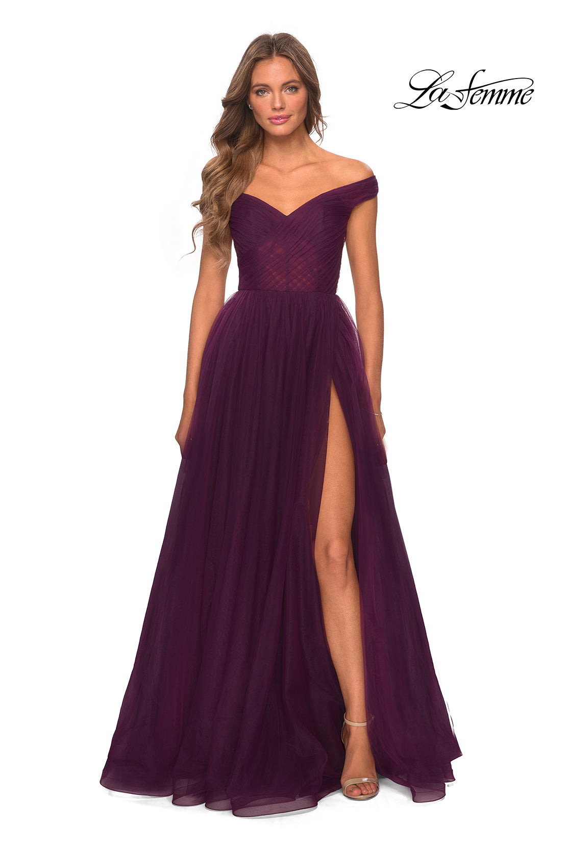 Picture of: Off The Shoulder Tulle Prom Dress with Sheer Bodice in Burgundy, Style: 28462, Detail Picture 3