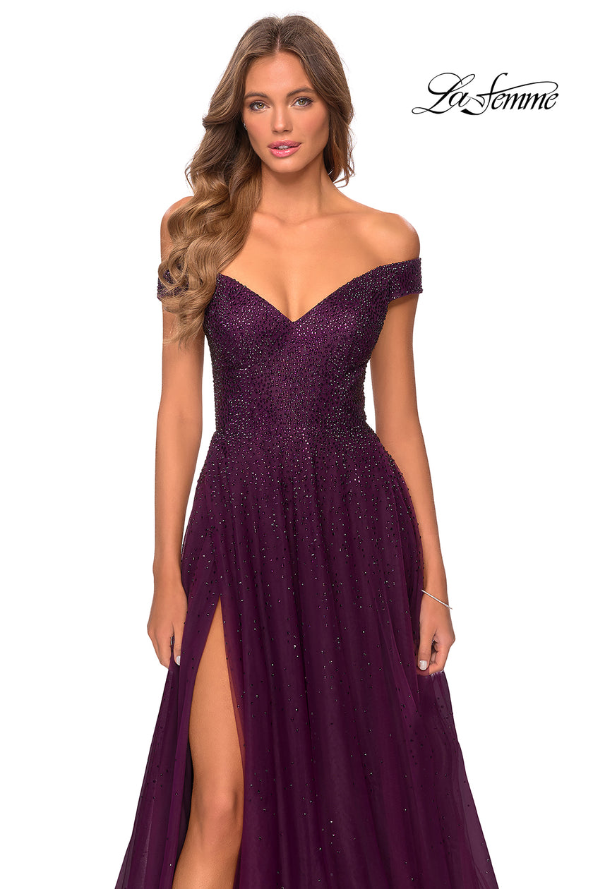 Picture of: Off The Shoulder Beaded Tulle Prom Dress in Burgundy, Style: 28774, Detail Picture 3