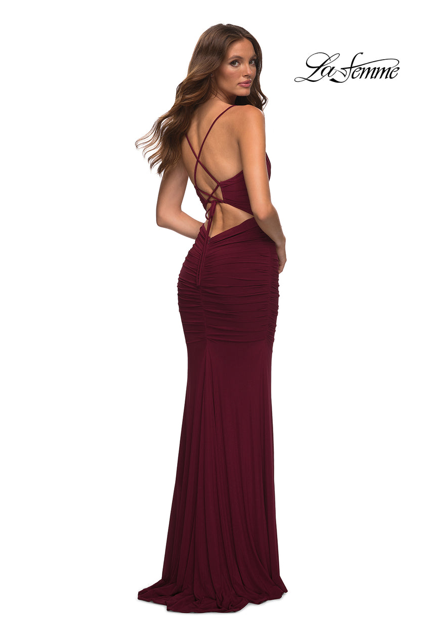 Picture of: Long Jersey Dress with Sheer Corset Bodice in Dark Berry, Detail Picture 3