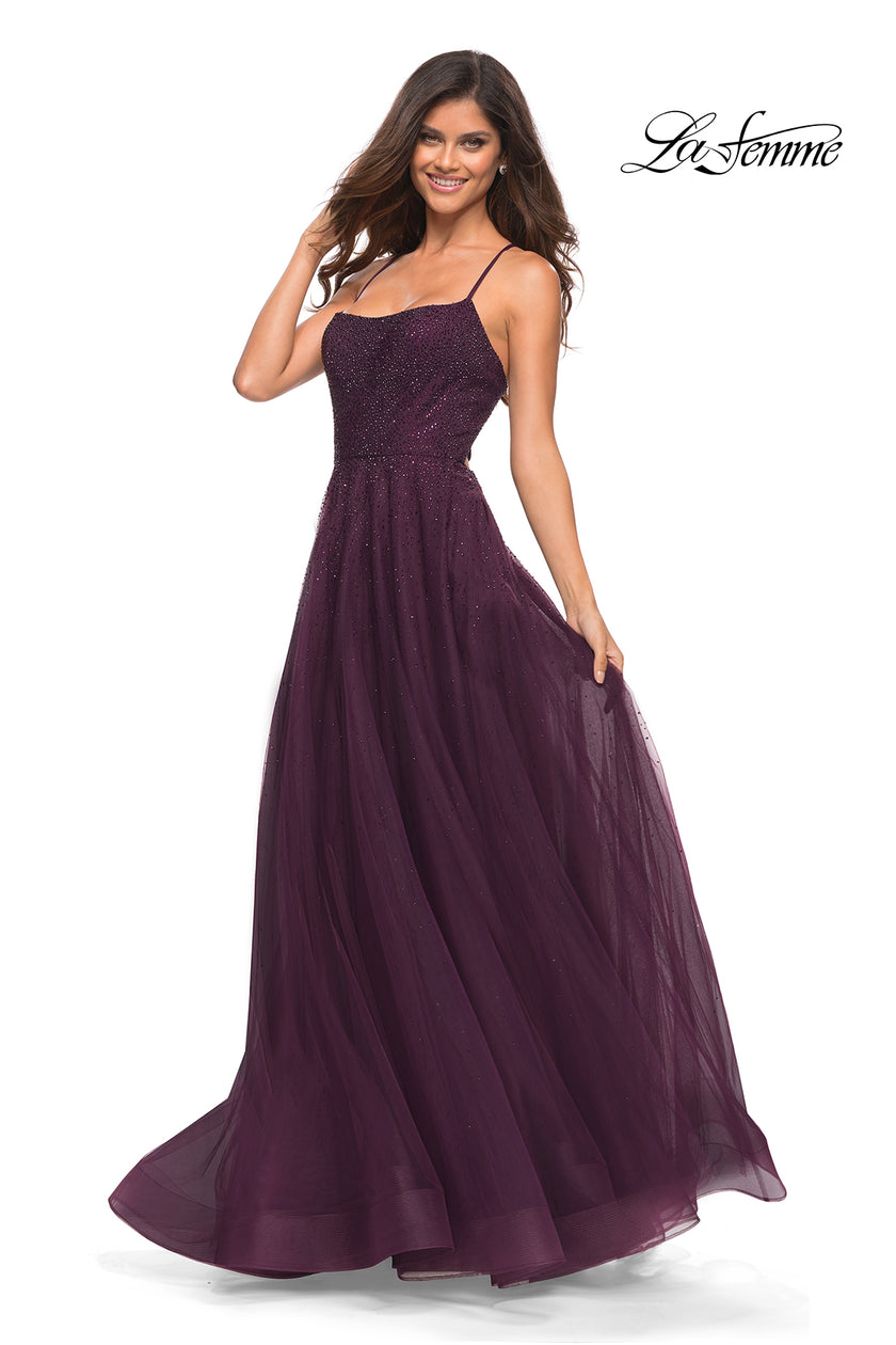 Picture of: Rhinestone and Tulle Gown with A-line Skirt in Dark Berry, Detail Picture 3