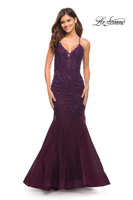 Picture of: Mermaid Tulle and Lace Jeweled Prom Dress in Dark Berry, Style: 30584, Detail Picture 3