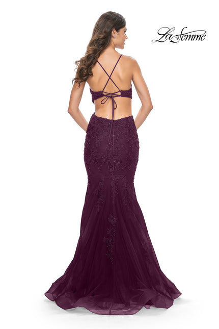 Picture of: Lace and Tulle Mermaid Gown with Side Cut Outs in Jewel Tones in Dark Berry, Style 31132, Detail Picture 3