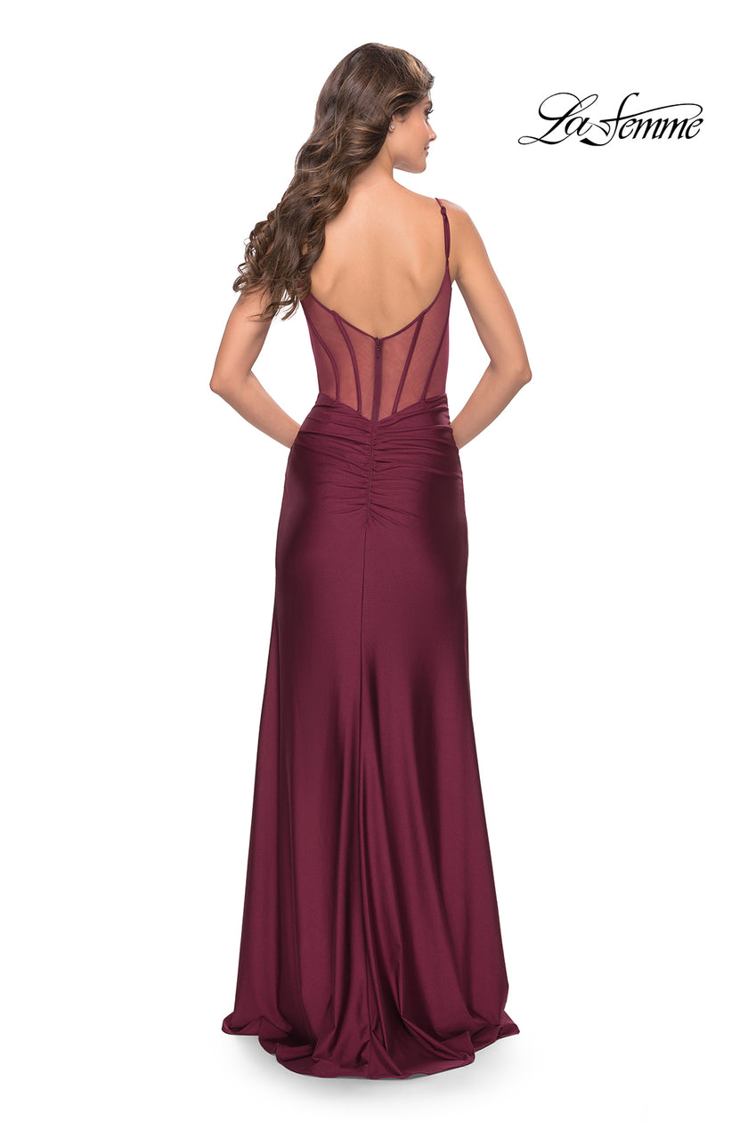Picture of: Illusion Bodice Dress with Boning and Twist Detail in Dark Berry, Style: 31229, Detail Picture 3