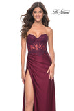 Picture of: Ruched Jersey Skirt with Lace Illusion Top and Rhinestone Prom Dress in Dark Berry, Style: 32011, Detail Picture 3