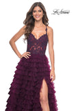 Picture of: Ruffle Tulle Prom Gown with Illusion Lace Bodice and High Slit in Dark Berry, Style: 32128, Detail Picture 3